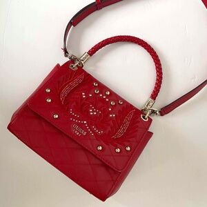 NWOT GUESS CHRISTMAS RED QUILTED CROSSBODY BEADED TOP HANDLE EMBROIDERED